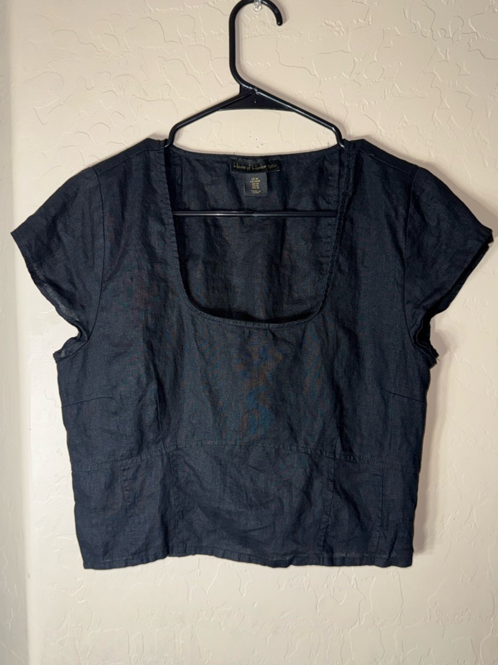House of Harlow 1960 Black Linen Crop Top Square Neck Short Sleeve Blouse M